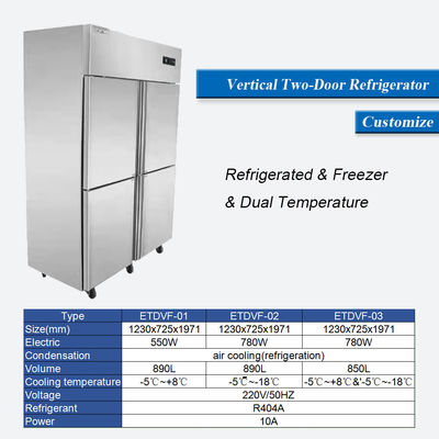 Geladeira vertical de aço inoxidável, freezer 360L, 4 portas, cozinha comercial